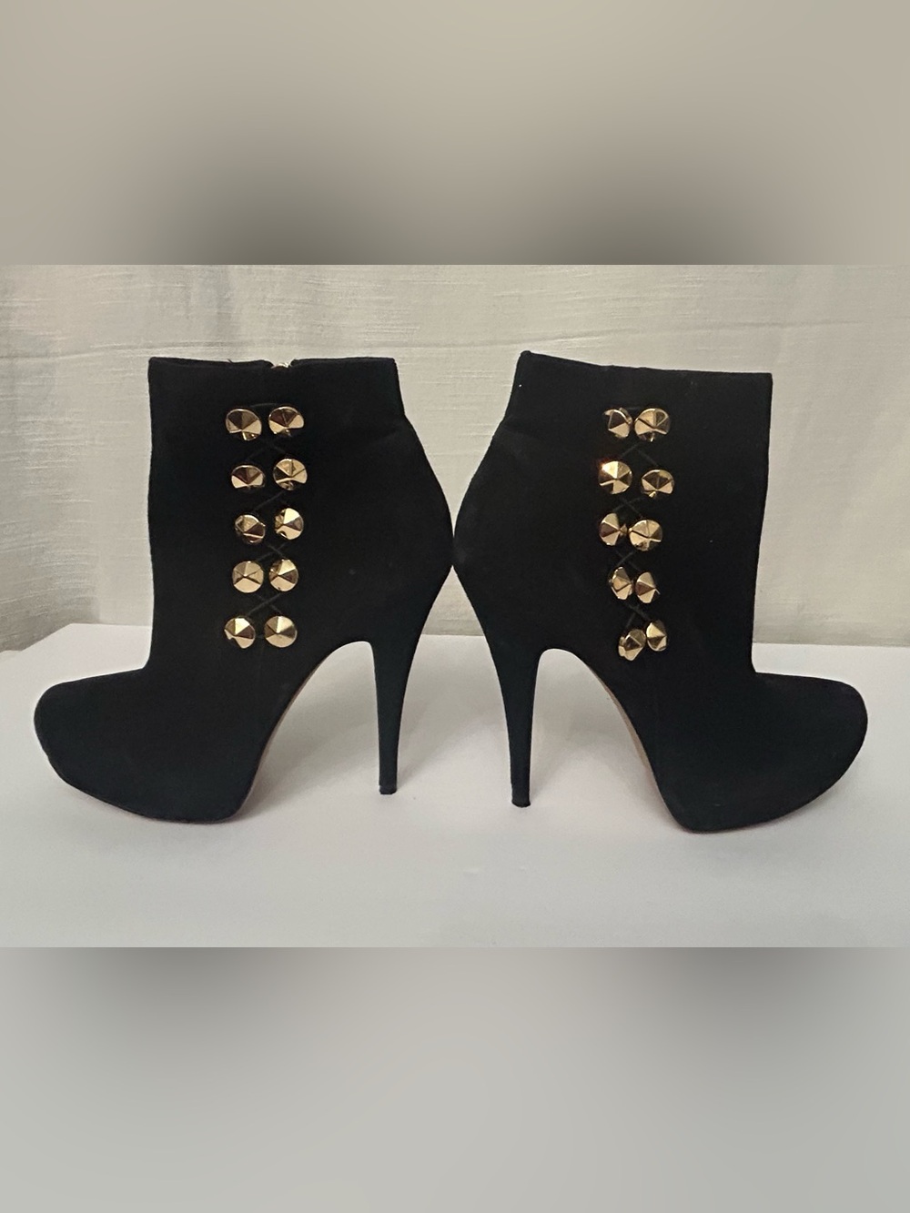 Vince Camuto Black "Jardine" Stiletto Suede Ankle Boots With Gold Studs View 2